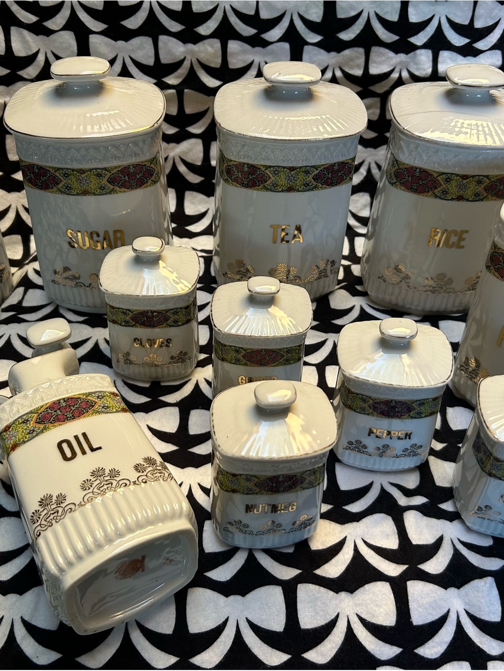 Vintage Ceramic Kitchen Canister Set with Gold Lettering